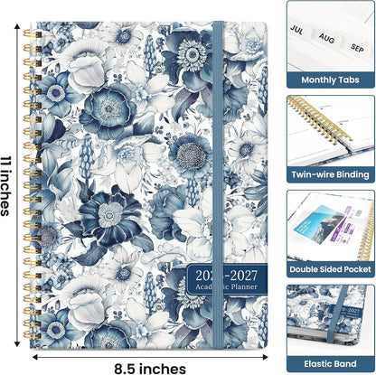 Planner 2026-2027, Academic Monthly and Weekly Calendar Planner for Women, July 2026 - June 2027, Hardcover Pretty Agenda Planner Book with Tabs, Spiral Daily Organizer for School Office Home Supplies, 6.3" x 8.5" - Blue Floral