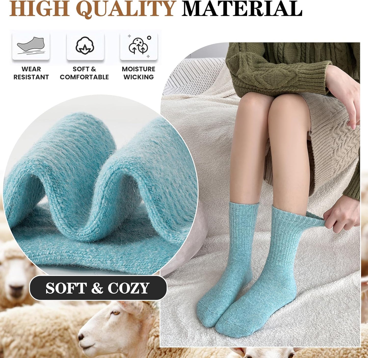MOGGEI 5 Pairs Womens Merino Wool Socks Hiking Warm Winter Thick Thermal Crew Cozy Cabin Ladies Gift Comfy Boot Work Socks