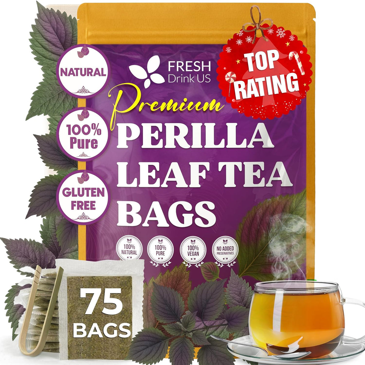 FreshDrinkUS, Premium Perilla Leaf Tea, 75 Count, Pure, Caffeine Free