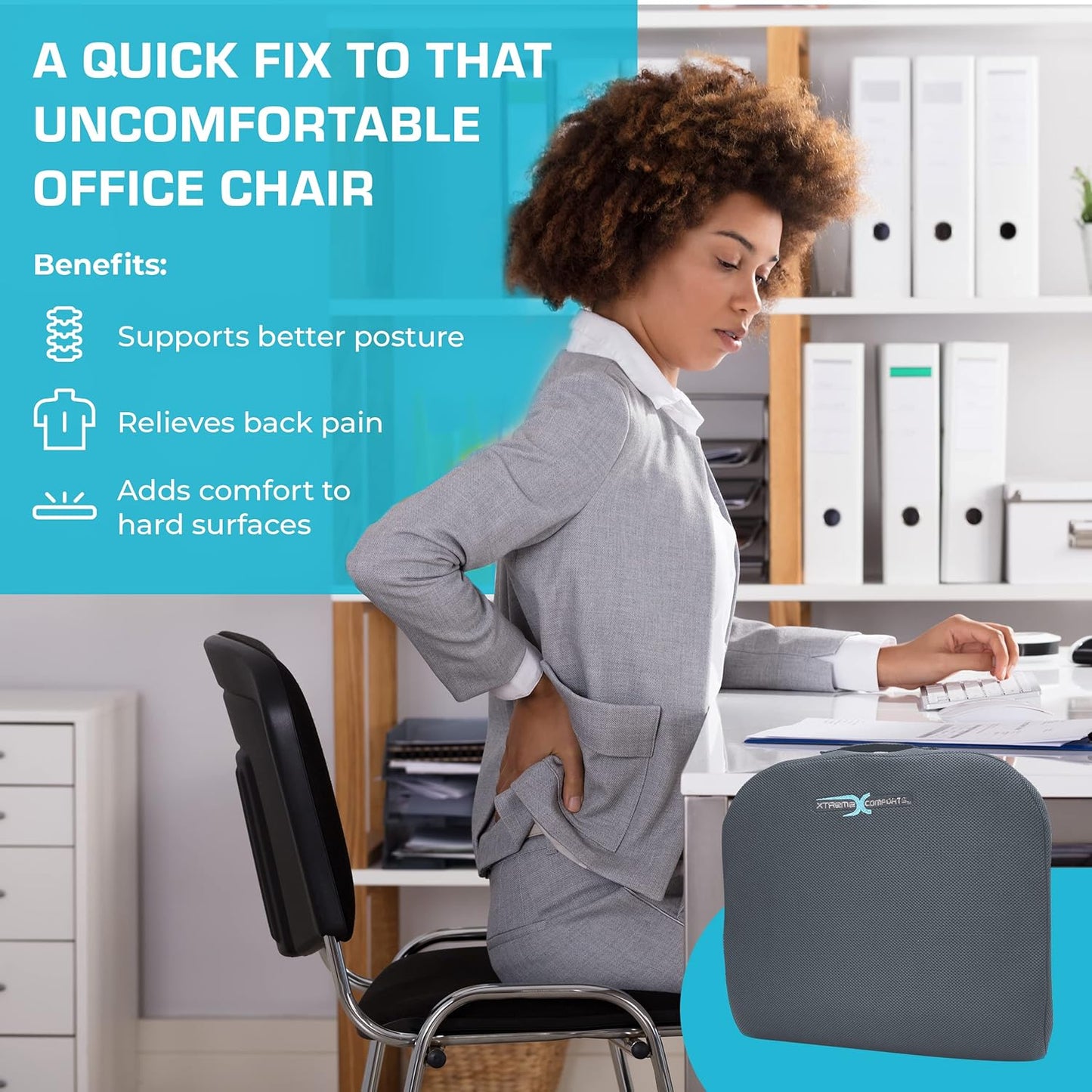 Xtreme Comforts Seat Cushions | Office Chair Cushions for Desk, Car, Wheelchair| Ergonomic Memory Foam Seat Cushion for Support & Comfort | Helps Improve Sitting Posture for Work & Body Relief (1 Pc)