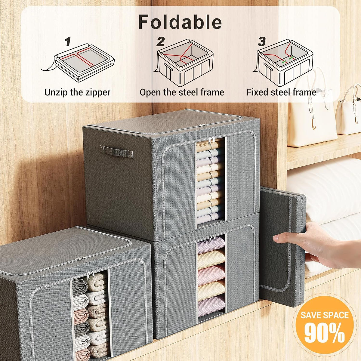 Clothes Storage Bins with Metal Frame Foldable Storage Box Clothes Organizers Storage Containers for Clothes Sheets Blankets Books Toys Gifts and Holiday Decorations (66Lx3 Pack)