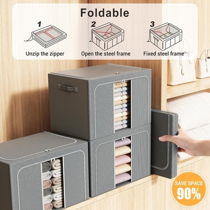 Clothes Storage Bins with Metal Frame Foldable Storage Box Clothes Organizers Storage Containers for Clothes Sheets Blankets Books Toys Gifts and Holiday Decorations (66Lx3 Pack)