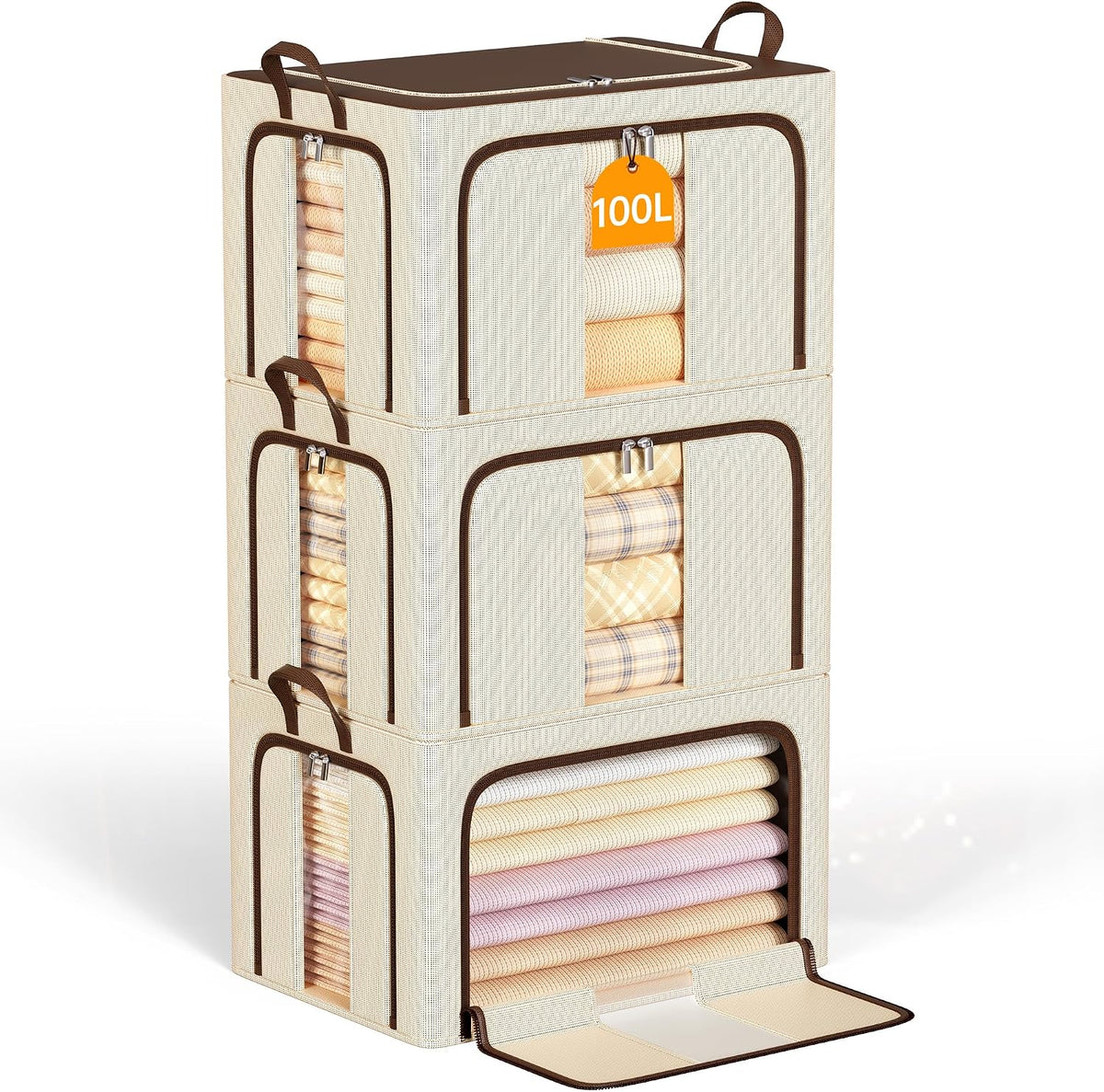 Clothes Storage Bins with Metal Frame Foldable Storage Box Clothes Organizers Storage Containers for Clothes Sheets Blankets Books Toys Gifts and Holiday Decorations (66Lx3 Pack)