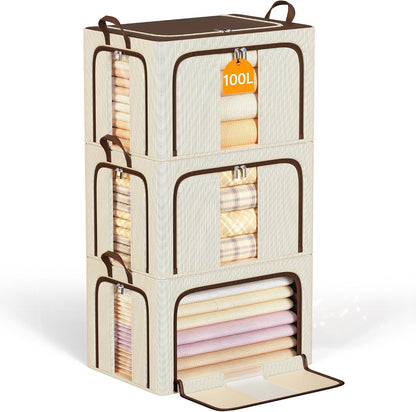 Clothes Storage Bins with Metal Frame Foldable Storage Box Clothes Organizers Storage Containers for Clothes Sheets Blankets Books Toys Gifts and Holiday Decorations (66Lx3 Pack)