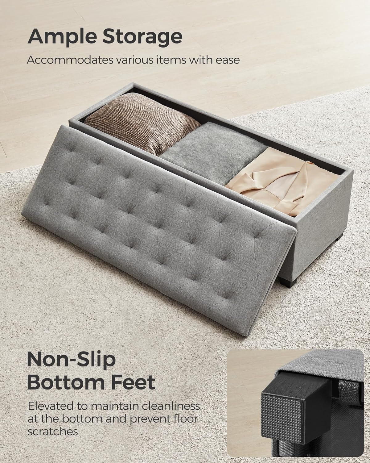 SONGMICS Storage Ottoman Bench, Foot Rest with Legs, 15.7 x 43.3 x 15.7 Inches, End of Bed Bench, Storage Chest, Load up to 660 lb, for Living Room, Bedroom, Entryway, Dark Gray ULSF088G01
