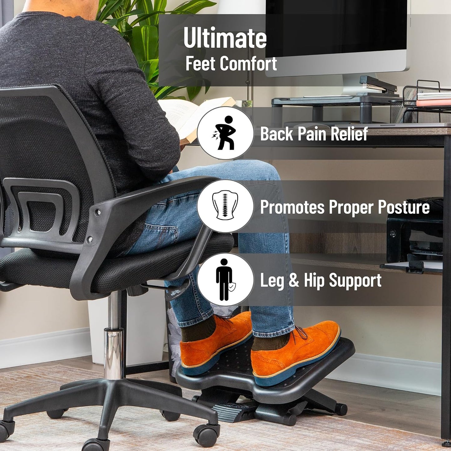 Mind Reader Foot Rest, Under Desk at Work, Ergonomic, Height Adjustable, Office, Plastic, Black