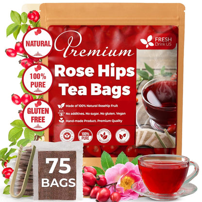 FreshDrinkUS, Premium 75 Rosehip Tea Bags, 100% Natural & Pure. Made with Eco-Conscious Tea Bags. No Sugar, No Caffeine, No Gluten, Vegan.