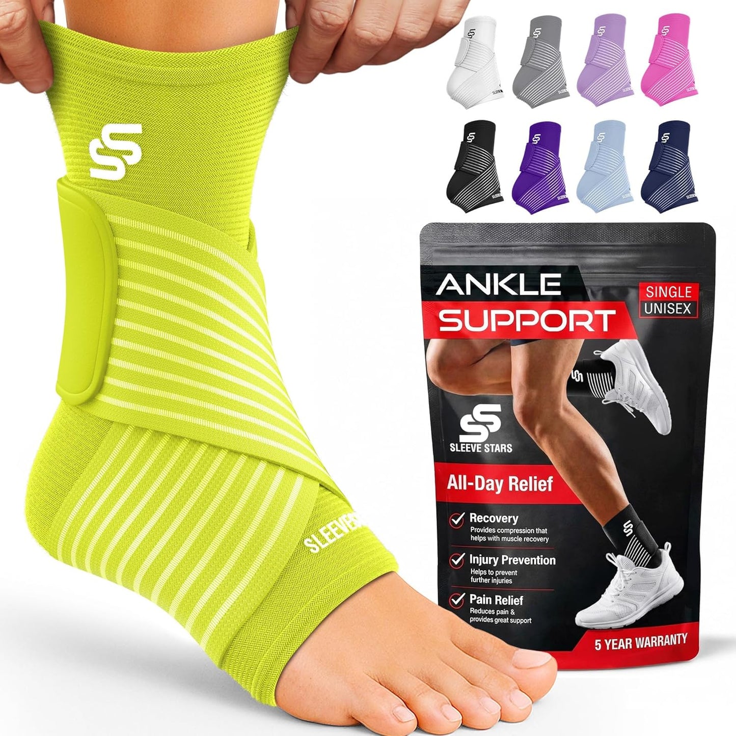 Sleeve Stars Ankle Brace for Women & Men, Ankle Wrap for Sprain, Compression Sleeve for Plantar Fasciitis Relief, Easy Customizable Support: w/ Removable Strap (Single/M:10"-12"/Black)