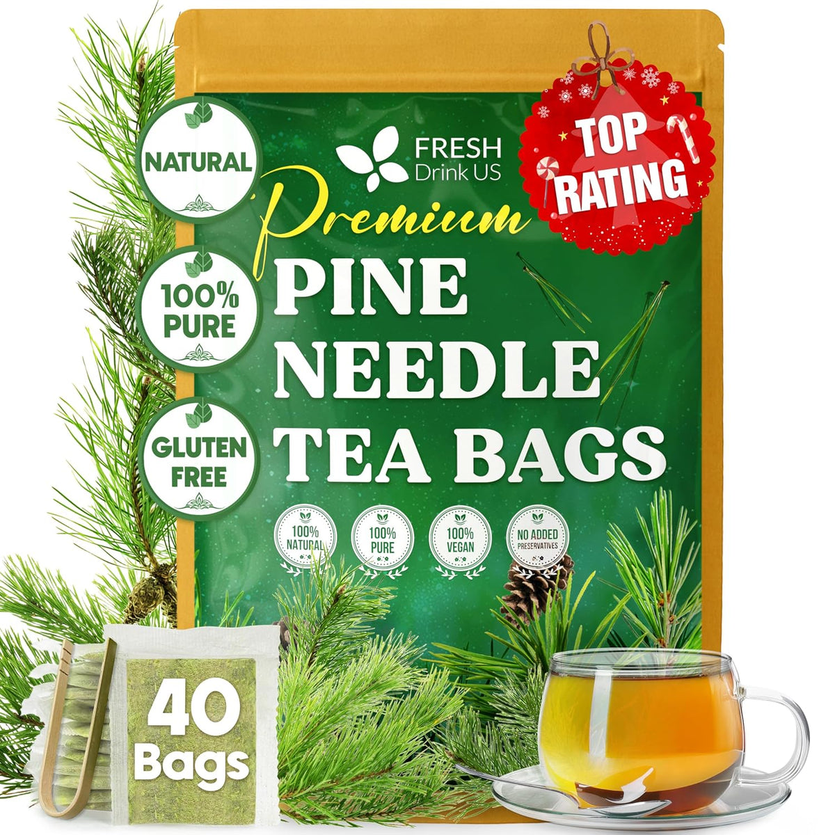 FreshDrinkUS, Premium Pine Needle Tea, 40 Count, Pure, Caffeine Free