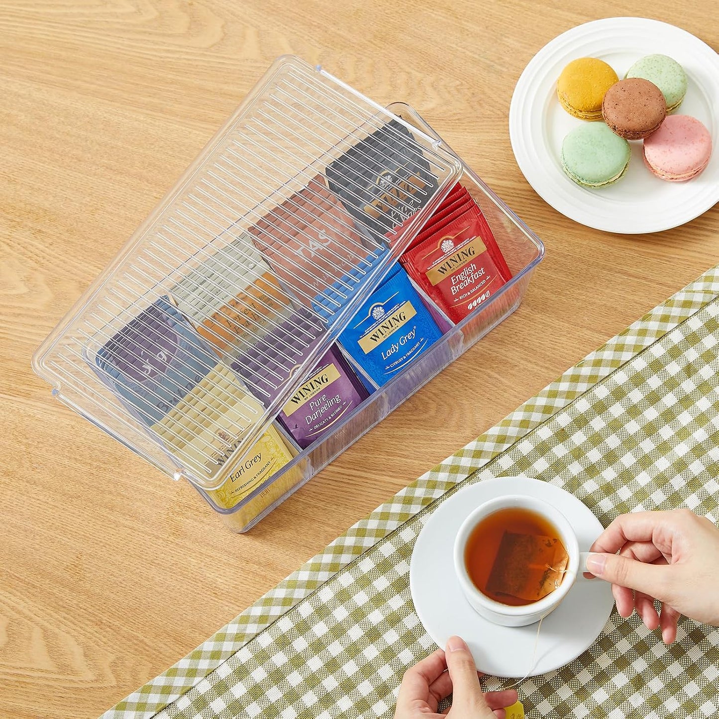 Lifewit Tea Bag Organizer with lids, Plastic Teabag Box with 16 Compartments, Stackable Divided Storage Containers for Cabinet, Pantry, Countertop, Sugar Packets, Clear, 29 cm/11.5 inch L, 2 Pack