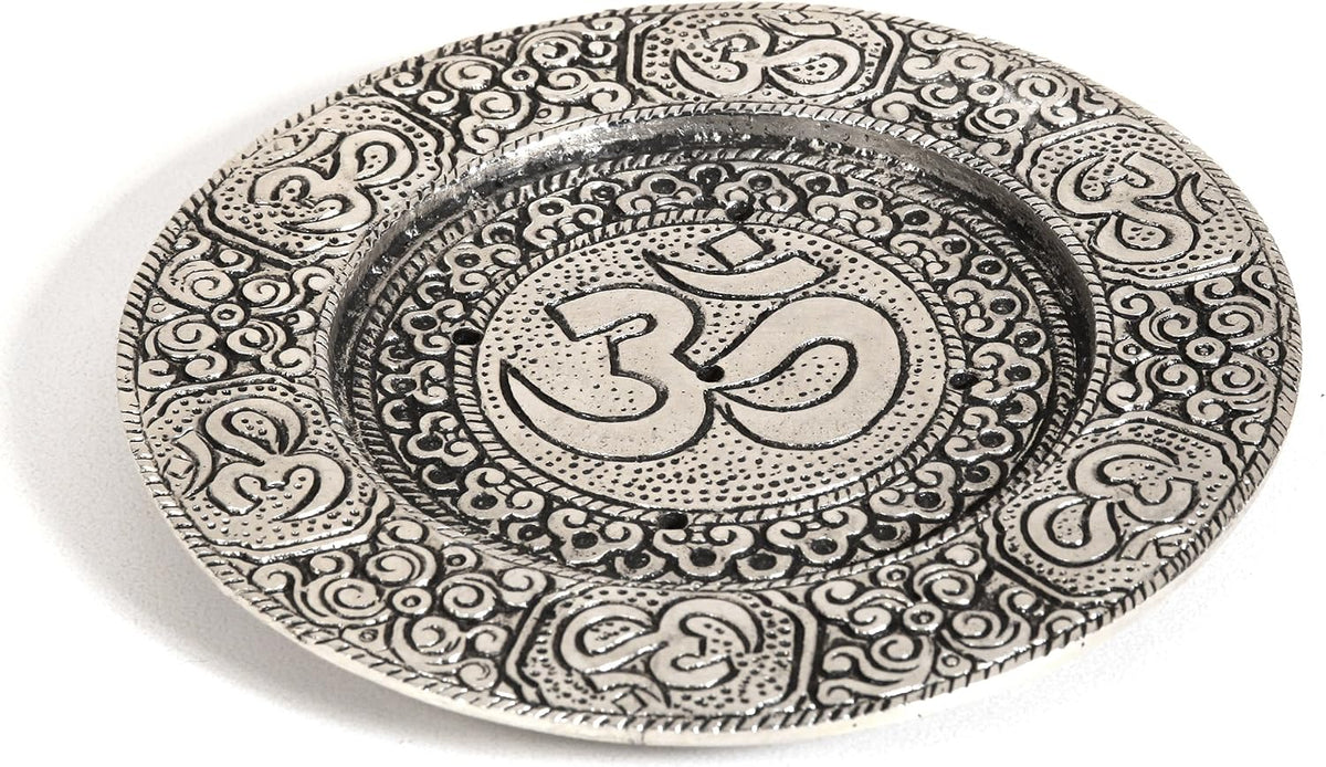 Hosley Tibetan Style Aluminum Incense Burner & Candle Holder - Aged Silver Finish, 4.5" Diameter Incense Stick Holder for Aromatherapy, Meditation & Home Decor