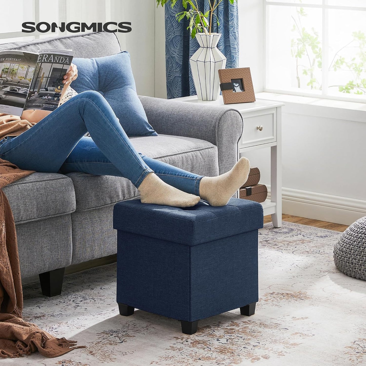 SONGMICS Storage Ottoman, Small Ottoman Foot Rest with Legs, 12.6 x 15.7 x 13.2 Inches Foot Stool, Load up to 660 lb, for Living Room, Bedroom, Dorm, Slate Gray ULSF012G01