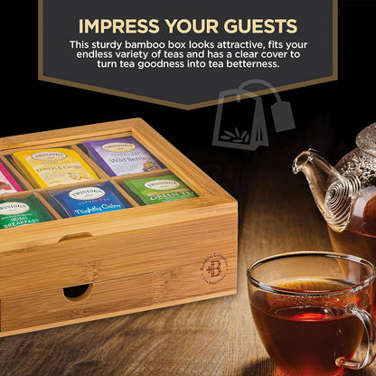 Tea Bag Organizer with Drawer - Bamboo Tea Box Organizer, 8-Compartment Tea Storage Box with Acrylic Lid and Magnetic Closure, Tea Box for Kitchen Counter, Gifts for Mom, Wife, Tea Lovers (White)
