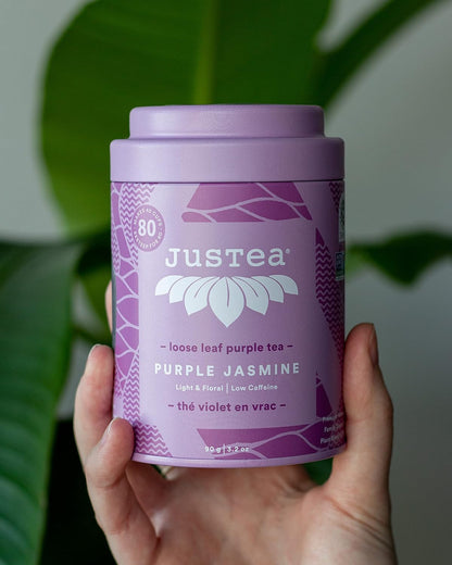 JusTea PURPLE JASMINE Loose Purple Tea, 40+ Cups Tin + Spoon, 2/5 Caffeine