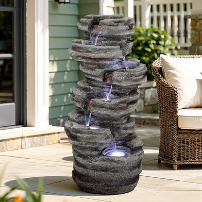 19.5" H 4-Tier Indoor & Outdoor Water Fountain with LED Lights | Resin Pebble Textured Tabletop Cascading Water Feature, Relaxing Decor for Patio, Porch, Deck, Yard & Home