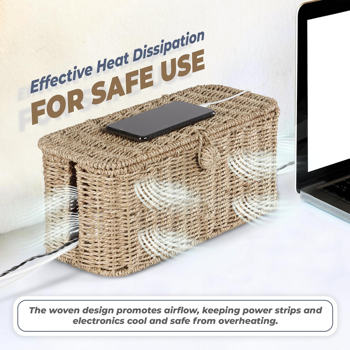 Bluewest 2-Pack Cable Management Box with Lids, Rattan Cord Organizer