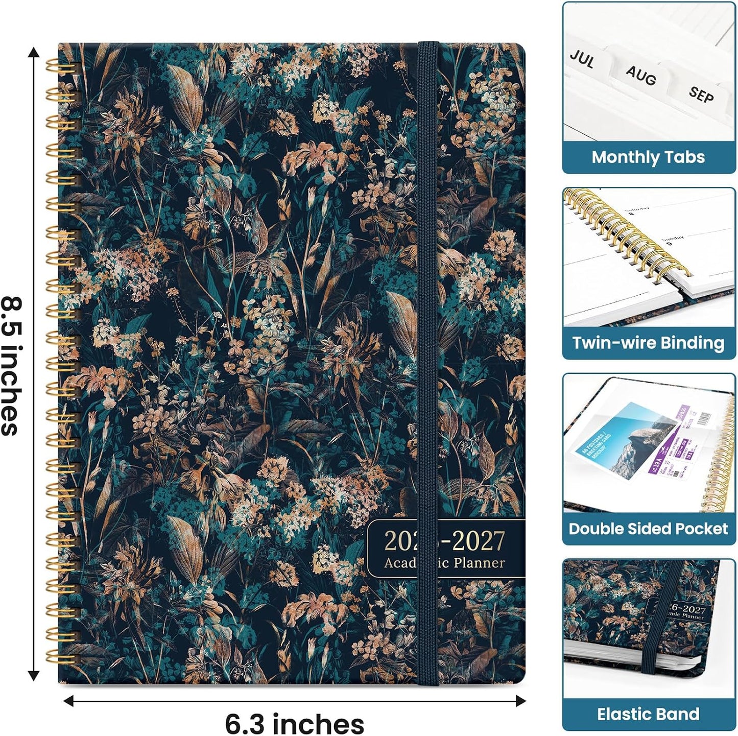 Planner 2026-2027, Academic Monthly and Weekly Calendar Planner for Women, July 2026 - June 2027, Hardcover Pretty Agenda Planner Book with Tabs, Spiral Daily Organizer for School Office Home Supplies, 6.3" x 8.5" - Blue Floral