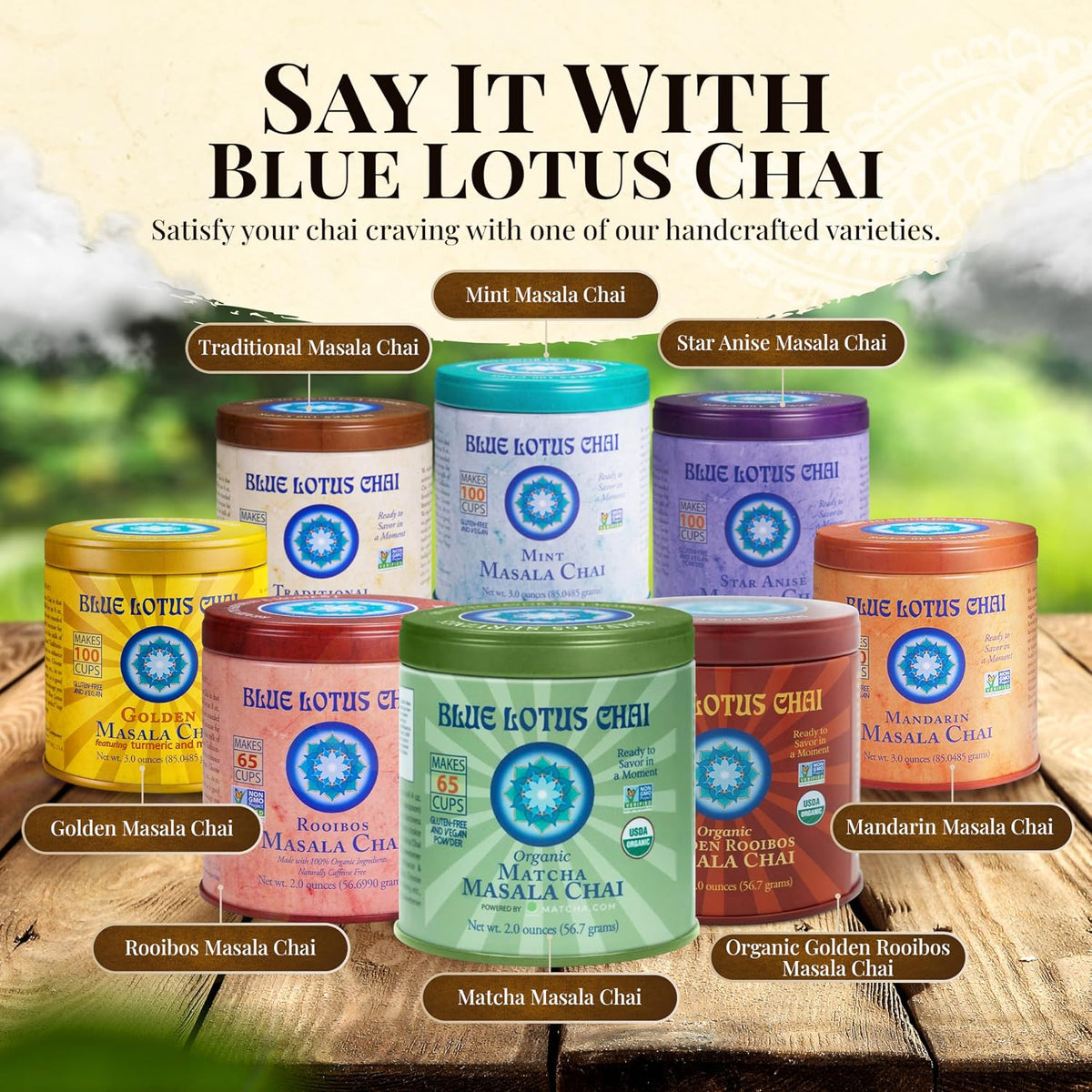 Blue Lotus Chai - Rooibos Flavor Masala Chai - Makes 65 Cups - 2 Ounce Masala Spiced Chai Powder with Organic Spices - Instant Indian Tea No Steeping - No Gluten