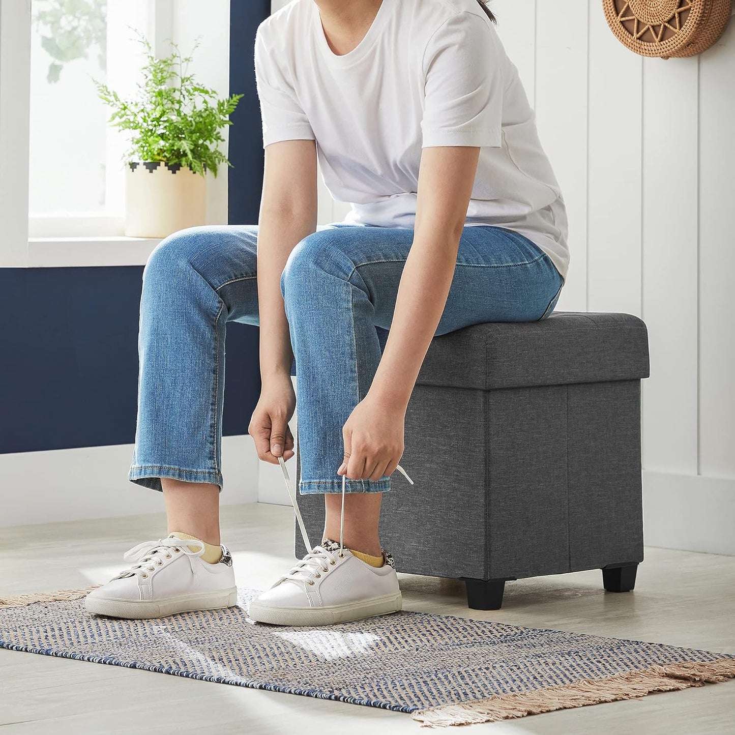 SONGMICS Storage Ottoman, Small Ottoman Foot Rest with Legs, 12.6 x 15.7 x 13.2 Inches Foot Stool, Load up to 660 lb, for Living Room, Bedroom, Dorm, Slate Gray ULSF012G01