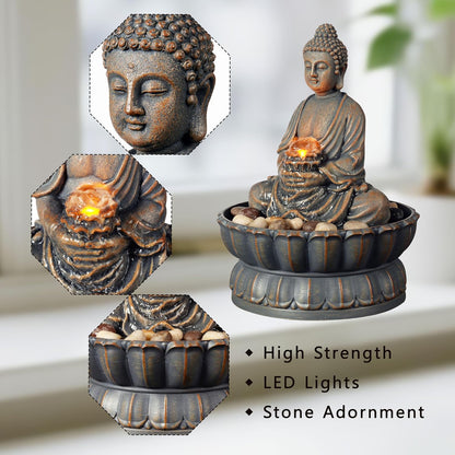 Kalona Home Décor 9.6" Tabletop Fountain Exquisite Smile Sitting Buddha Fountains Desk Water Fountain Decorative Zen Fountain w/Reflective Lighting/Cobblestone Office and Home Decor(21125A)