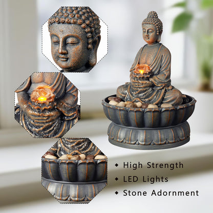 Kalona Tabletop Water Fountain with Buddha, LED Light Indoor Waterfall