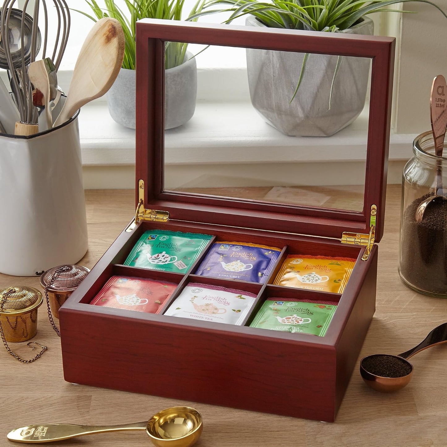 Tea Box - Luxury Wooden Tea Bag Organizer from The Apace Premier Collection - 8 Compartment Tea Storage Chest Container - Elegantly Handmade w/Scratch Resistant Window