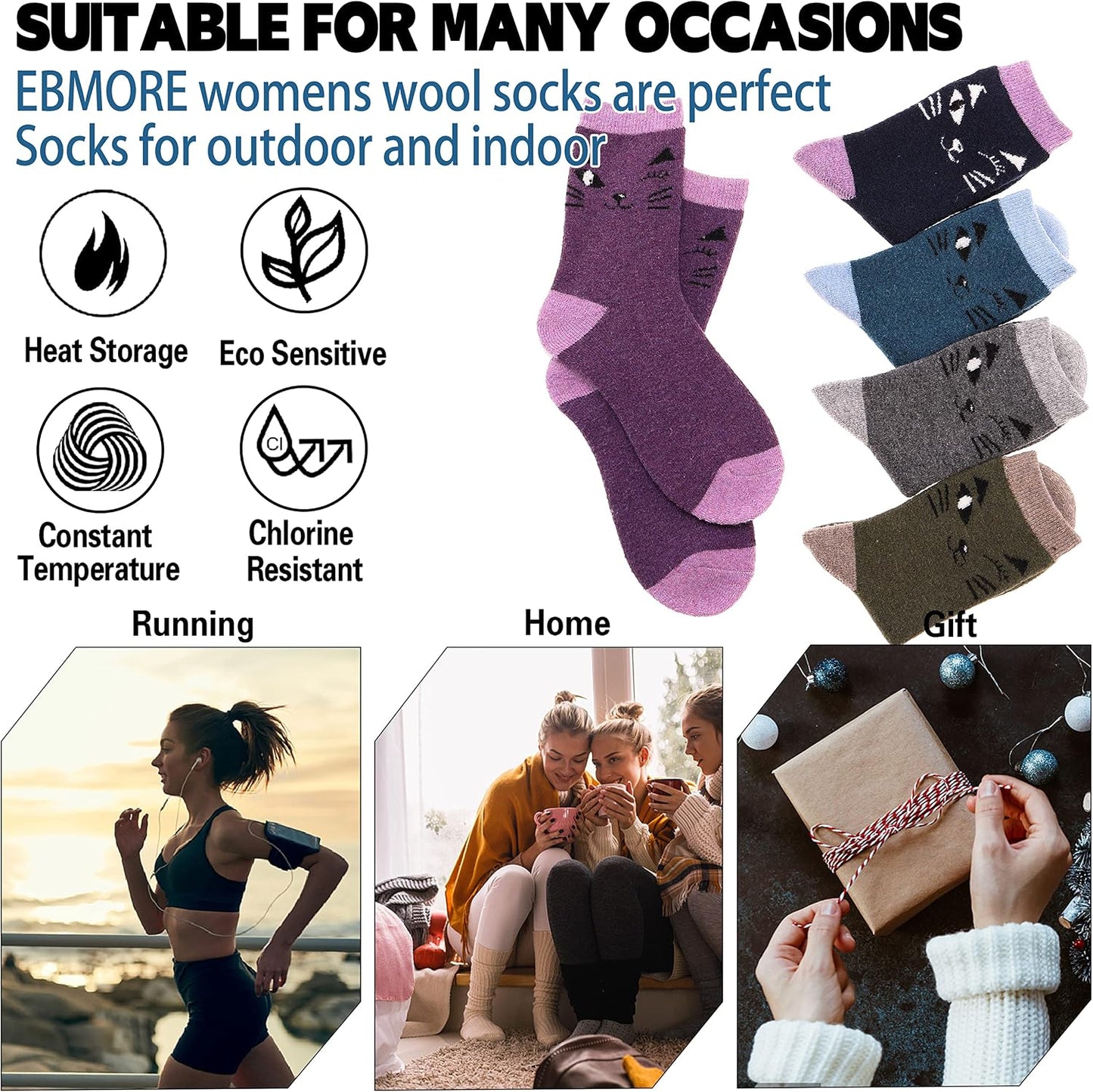 EBMORE Merino Wool Socks for Women Hiking Thermal Warm Winter Thick Boot Cozy Crew Comfy Work Socks for Ladies 5 Pairs