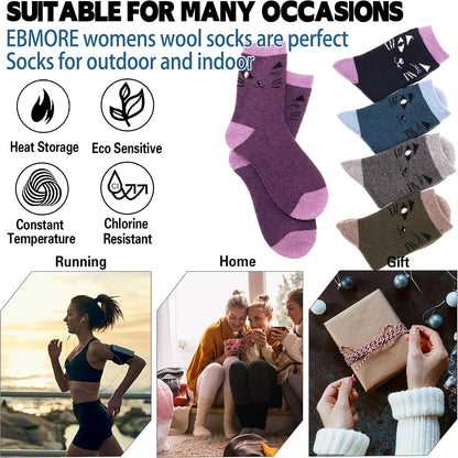 EBMORE Merino Wool Socks for Women Hiking Thermal Warm Winter Thick Boot Cozy Crew Comfy Work Socks for Ladies 5 Pairs