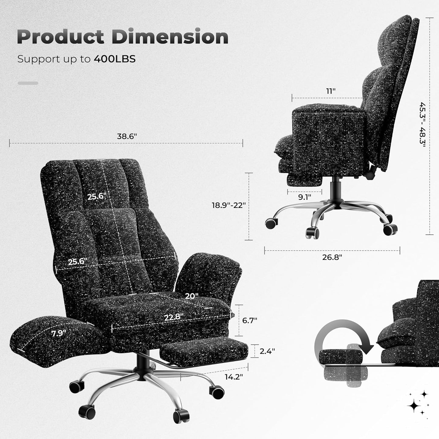 Big and Tall Office Chair, Flip Armrests for Pets & Cross Legged Sitting, Executive Ergonomic Computer Gaming Chair with Foot Rest, Teddy Fleece Wide Seat Reclining Desk Chair, White Vanity Chair
