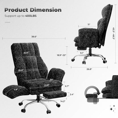 Big and Tall Office Chair, Flip Armrests for Pets & Cross Legged Sitting, Executive Ergonomic Computer Gaming Chair with Foot Rest, Teddy Fleece Wide Seat Reclining Desk Chair, White Vanity Chair