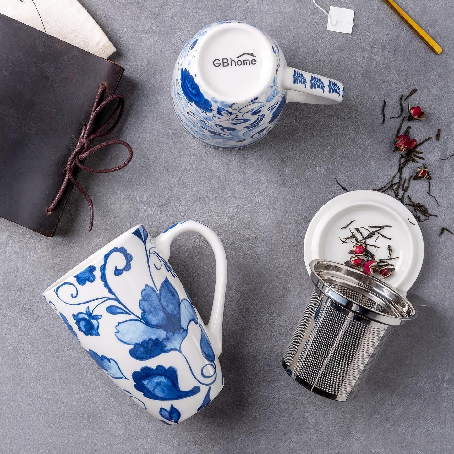 GBhome Tea Mug with Infuser and Lid, 18 Ounce Large Ceramic Loose Leaf Cup, Microwave, Dishwasher Safe, Perfect for Tea Lovers