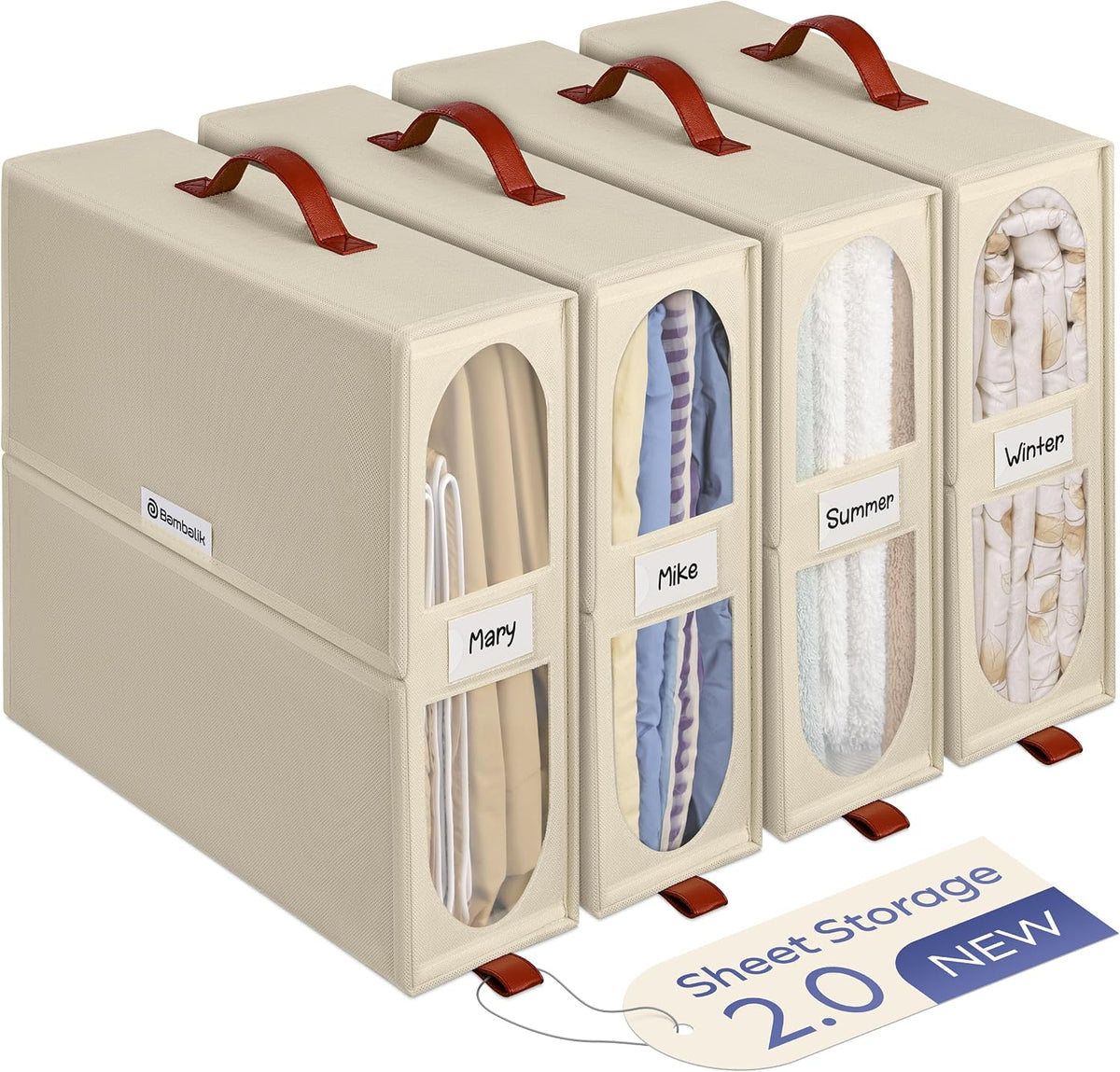 4x Bed Sheet Organizer Storage Boxes with Big See-Through Windows - Bedsheet Organizers Redesigned. Robust Bed Sheet Storage -15x13x5 in. Sheet Organizers Containers (Off-White)