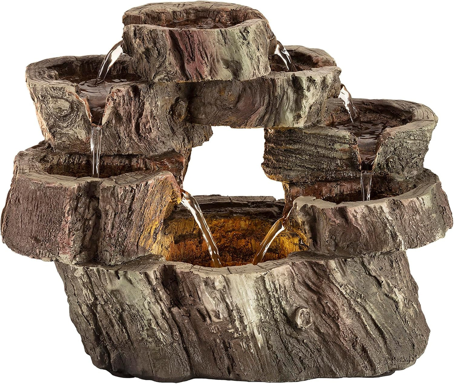 Alpine Corporation | 14"H Indoor Tiered Log Tabletop Fountain with LED Lights — Cascading Waterfall Design Creates Relaxing Ambiance for Home & Office Décor