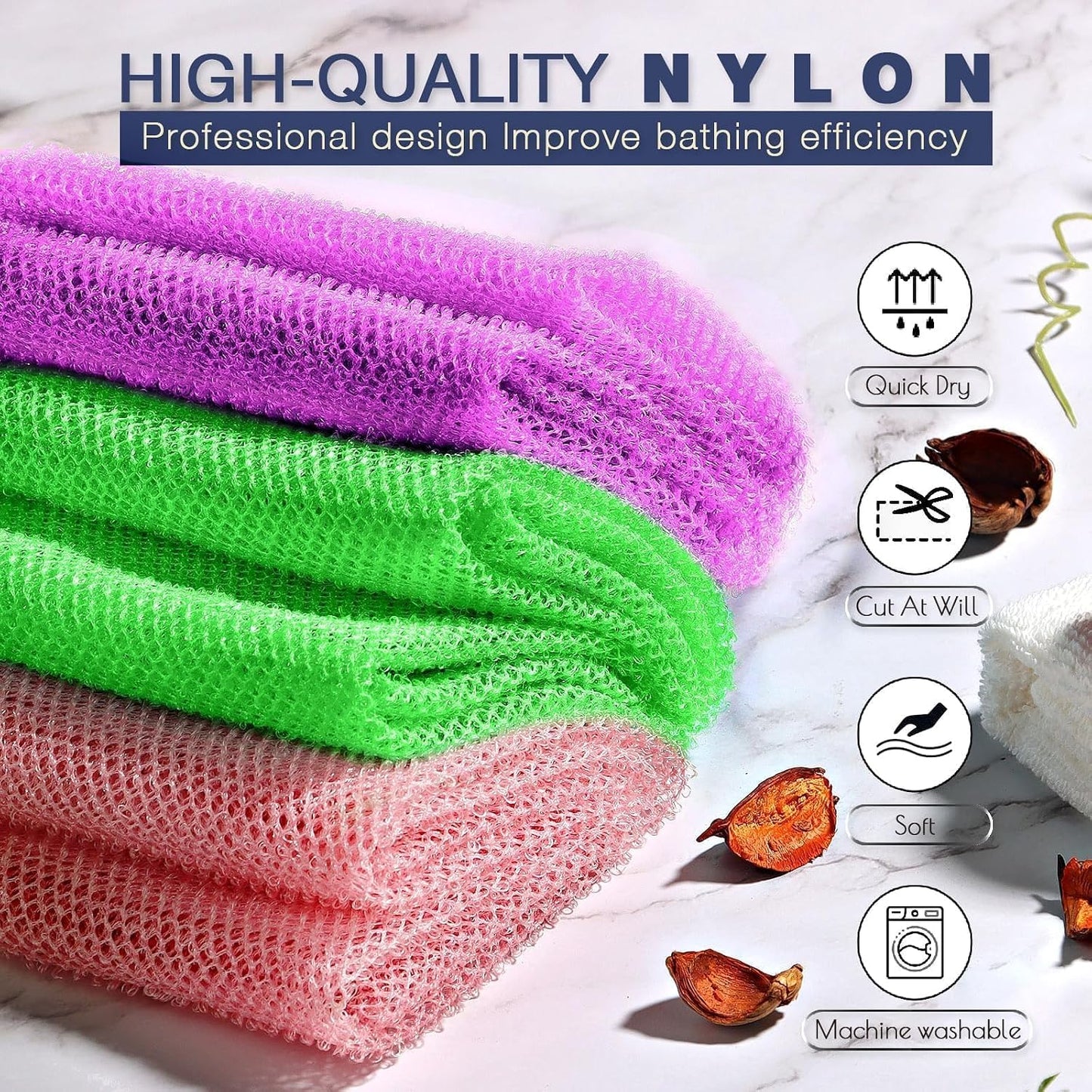 UJFQBH 3 Pieces African Bath Sponge African Net Long Net Bath Sponge Exfoliating Shower Body Scrubber Back Scrubber Skin Smoother,Great for Daily Use (Pink,Yellow,Purple)