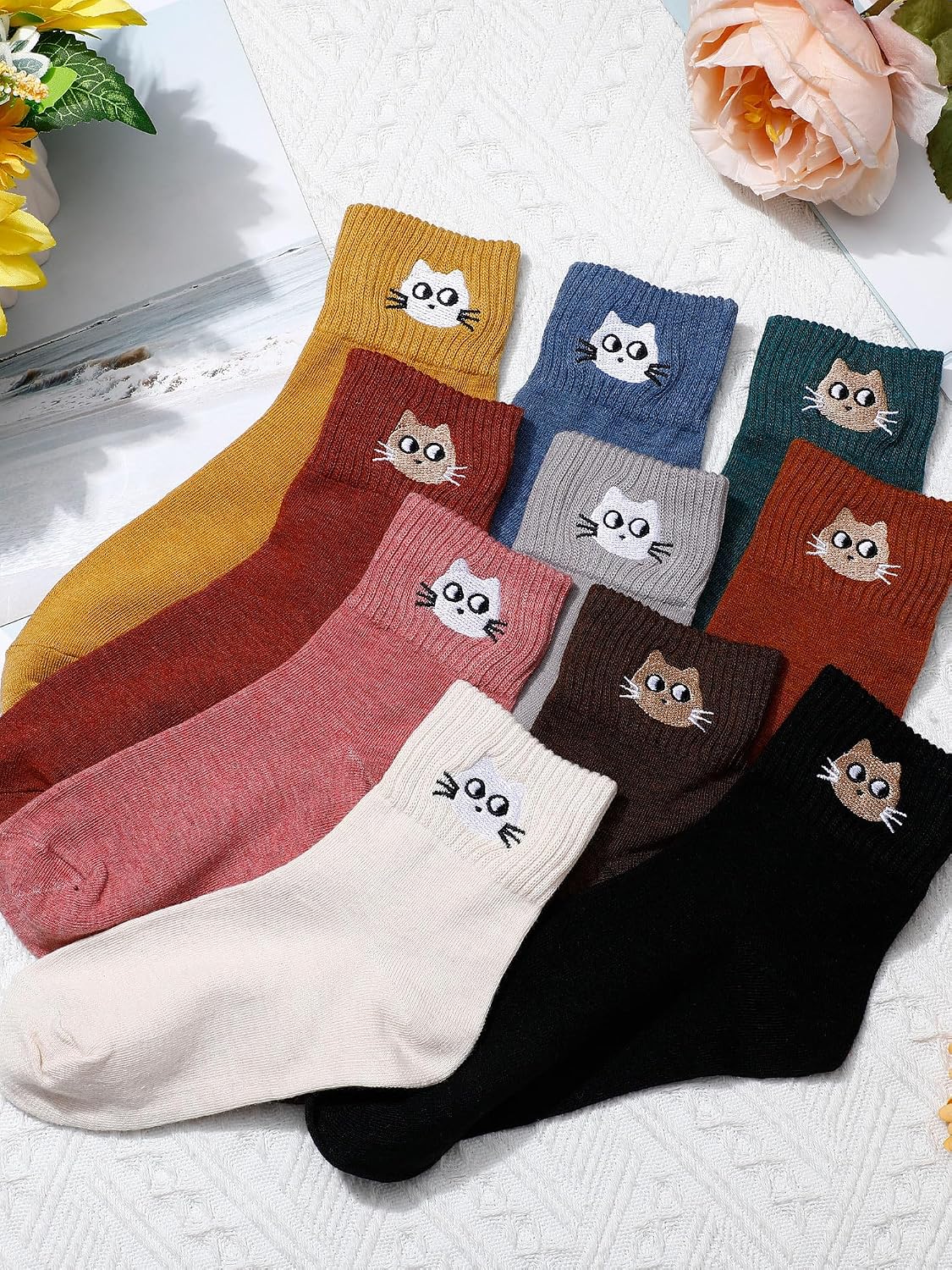 Eurzom 10 Pairs Socks Womens Crew Elastic Ankle Length Cotton Socks Aesthetic Cute Lightweight Low Cut Gifts for Women - Colors B