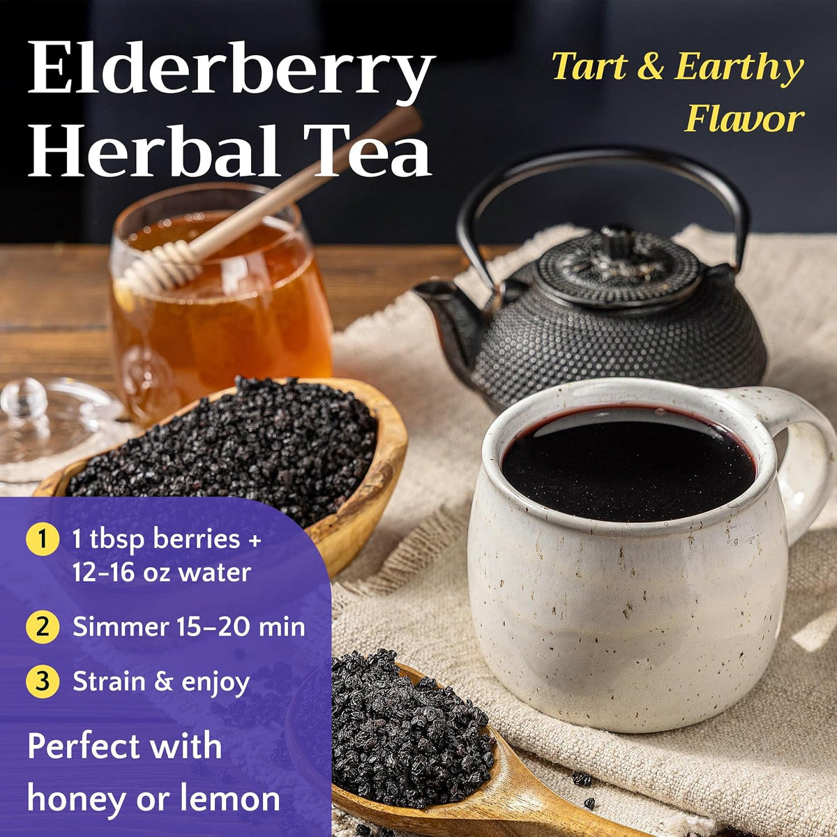 Black Elderberry Tea - Whole Dried Sambucus nigra Elderberries, 8oz