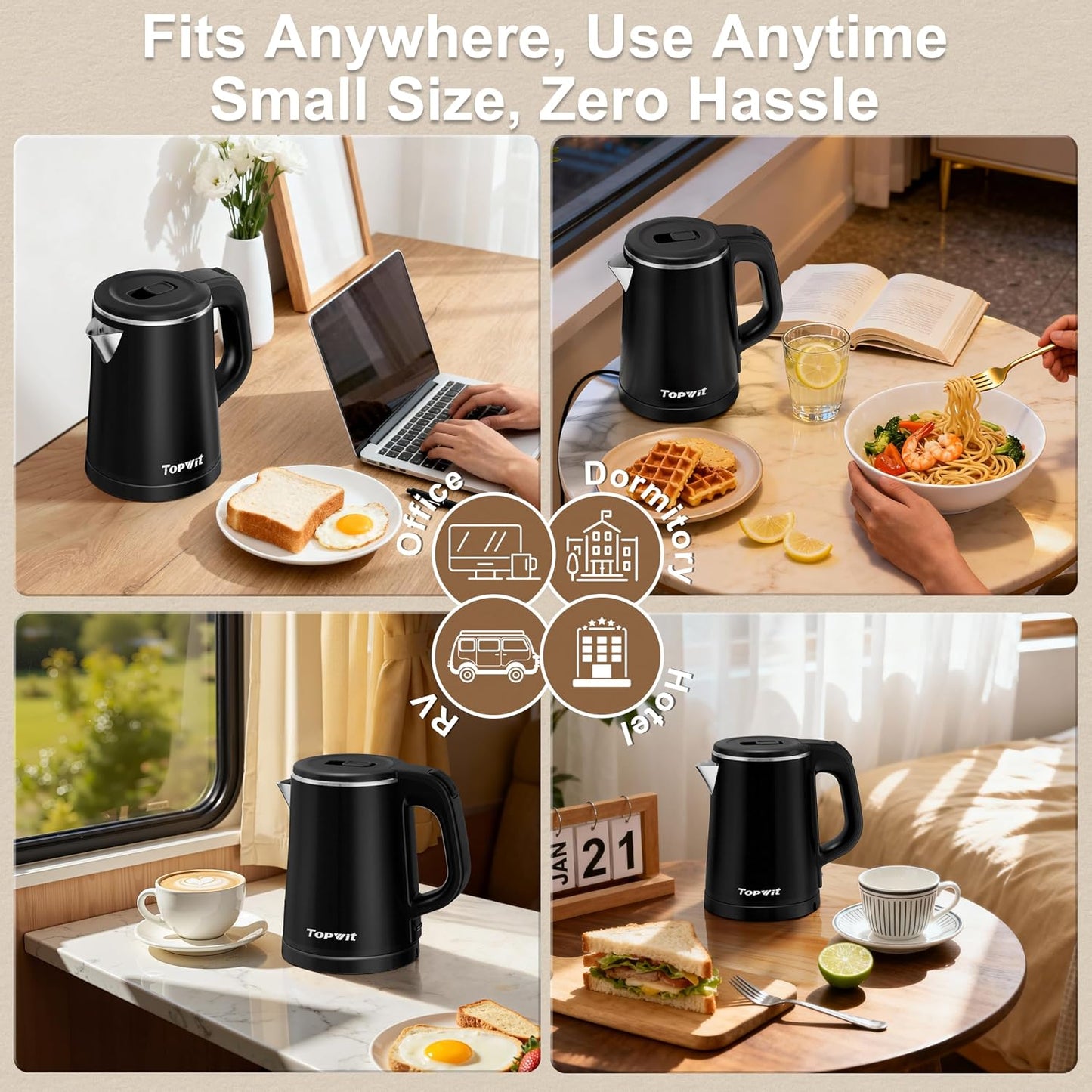 TOPWIT 0.8L Small Electric Kettle, Portable Travel Kettle, Stainless Steel