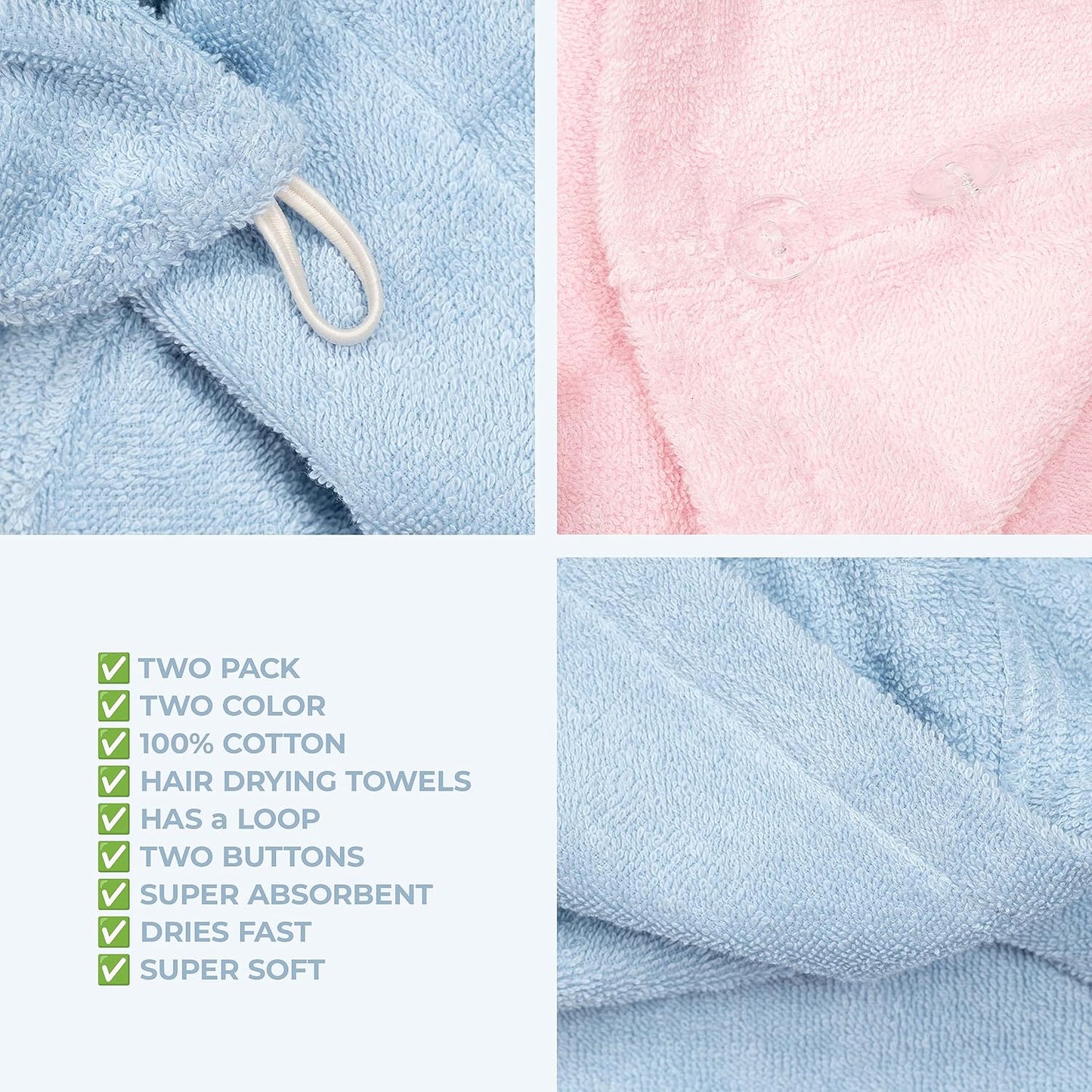 American Soft Linen 100% Cotton Hair Towels for Women, Head Towel Cap, Cotton Hair Turban Towel Wrap for Long Curly Anti Frizz Hair, Soft and Absorbent Cotton Hair Towels 2 Pack, White