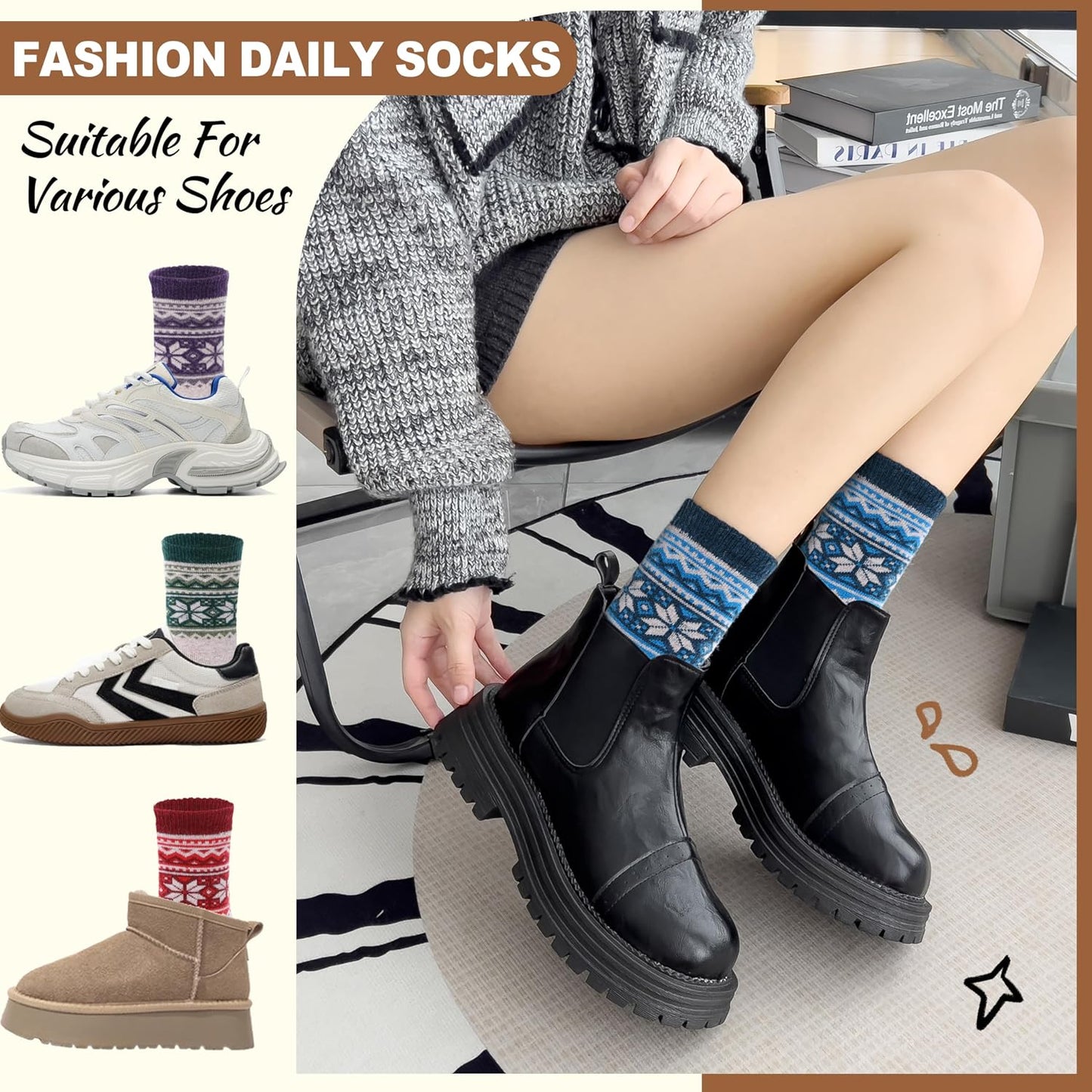 EBMORE Merino Wool Socks for Women Hiking Thermal Warm Winter Thick Boot Cozy Crew Comfy Work Socks for Ladies 5 Pairs