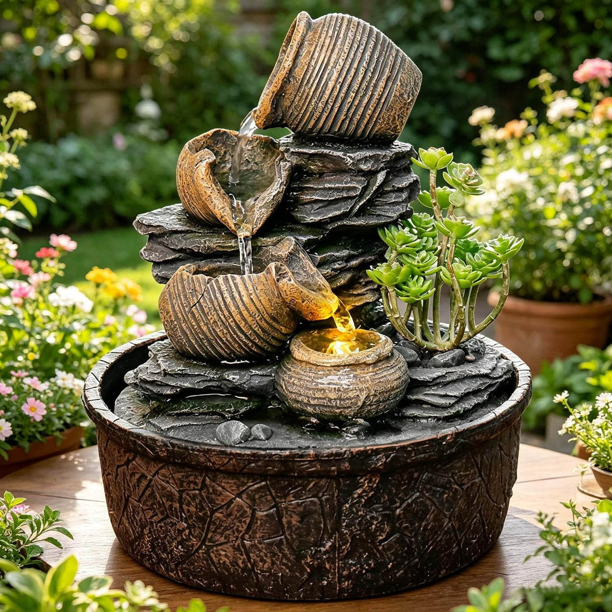 Indoor Waterfall Tabletop Fountain with LED Lights,Zen Water