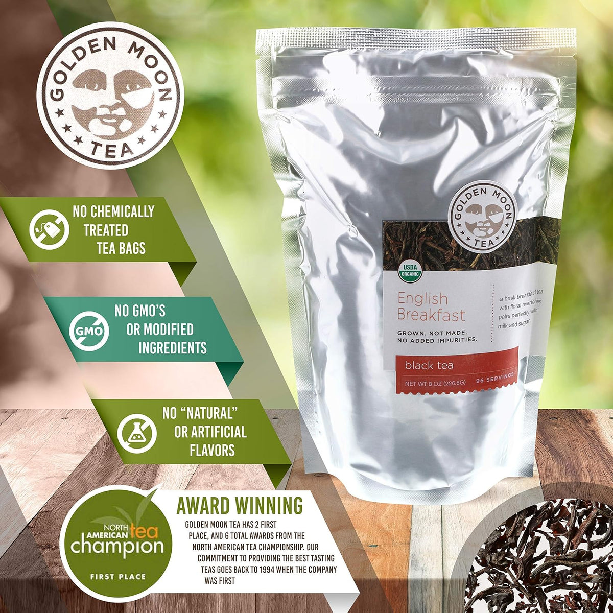 Golden Moon Tea Organic English Breakfast Black Tea - Loose Leaf, Non-GMO 4 Tea Blend - 1 Pound (192 Servings)