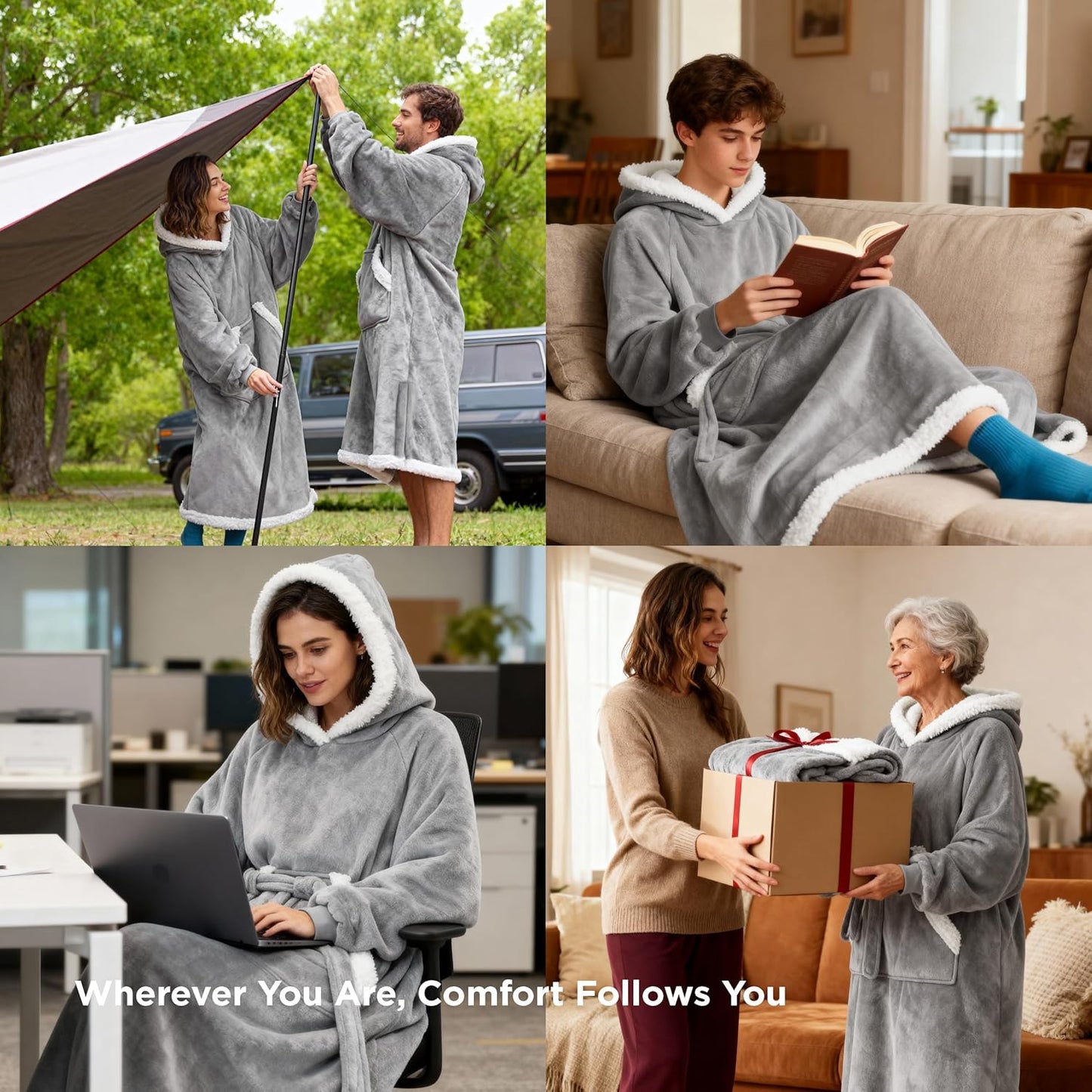 Bedsure Wearable Blanket Hoodie, Long Hooded Blanket Sweatshirt as Mothers Birthday Gifts for Women, Cozy Sherpa Hoodie for Adult, Standard, Grey