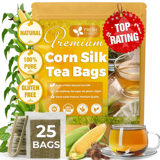 FreshDrinkUS, Premium 25 Tea Bags Corn Silk Tea, 100% Natural & Pure from Corn Silk. Herbal Tea. Clean Ingredients. Made with Natural Material Tea Bags. No Sugar, No Caffeine, Vegan.
