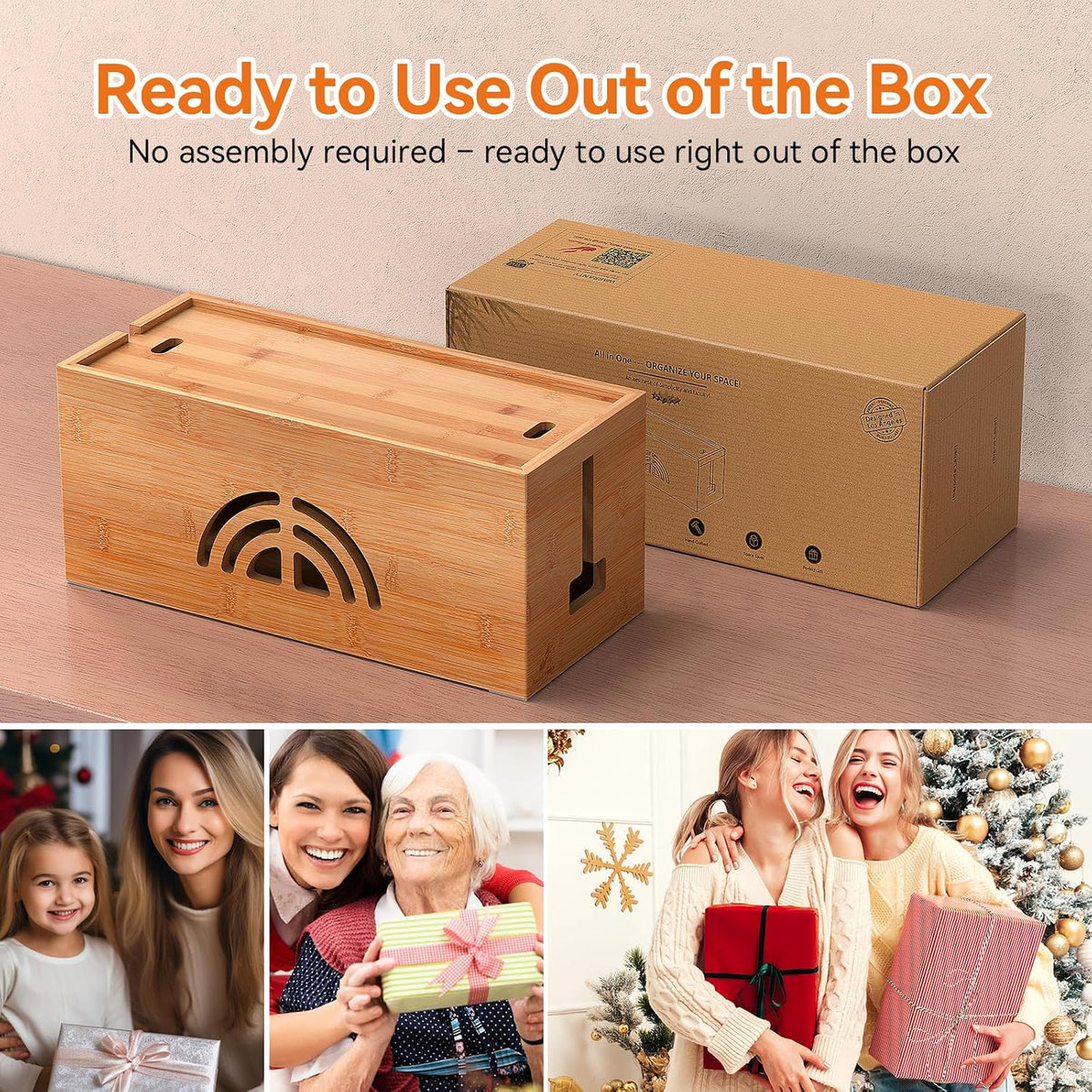 Pezin & Hulin Bamboo Cable Management Box, Power Strip Organizer, Medium