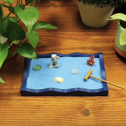 Nature's Mark Mini Zen Garden Kit for Desk with Rake, White Sand, Lotus Figure, 3 Sections Black Square Base, River Rocks and Black Rocks (9Lx9W C)