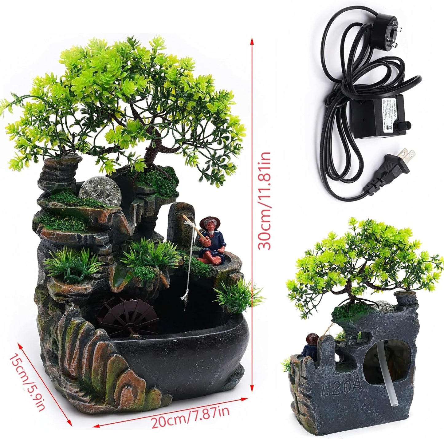 Mini Artificial Bonsai Tree Waterfall Fog Feature Rock Tabletop Fountain | 11in Desktop Decor Waterfall Fountain W/ Water Pump& Atomizer&LED Lights &Fake Tree Office Bedroom Relax