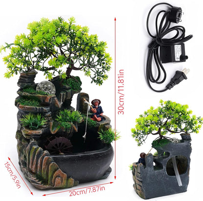 Mini Artificial Bonsai Tree Waterfall Fog Feature Rock Tabletop Fountain | 11in Desktop Decor Waterfall Fountain W/ Water Pump& Atomizer&LED Lights &Fake Tree Office Bedroom Relax