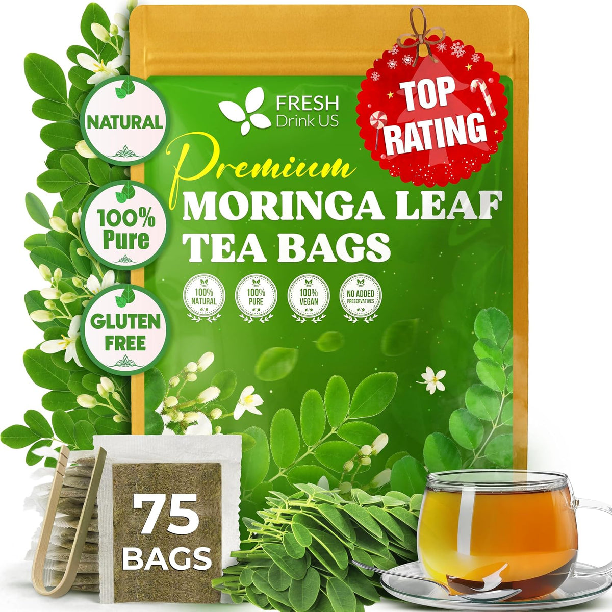 FreshDrinkUS, Premium 75 Moringa Tea Bags, 100% Natural & Pure, Herbal Tea, Made with Natural Materials-Corn Fiber Tea Bags, Sugar/Gluten Free. Rich in Antioxidants and Vitamins.