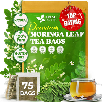 FreshDrinkUS, Premium 75 Moringa Tea Bags, 100% Natural & Pure, Herbal Tea, Made with Natural Materials-Corn Fiber Tea Bags, Sugar/Gluten Free. Rich in Antioxidants and Vitamins.