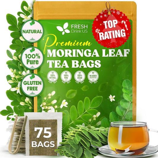 FreshDrinkUS, Premium 75 Moringa Tea Bags, 100% Natural & Pure, Herbal Tea, Made with Natural Materials-Corn Fiber Tea Bags, Sugar/Gluten Free. Rich in Antioxidants and Vitamins.